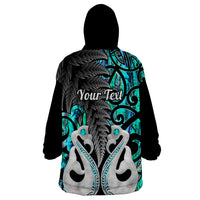 Personalised New Zealand Wearable Blanket Hoodie Te Manaia Mangopare Maori And Fern Turquoise Style - Wonder Print Shop