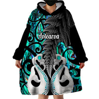 Personalised New Zealand Wearable Blanket Hoodie Te Manaia Mangopare Maori And Fern Turquoise Style - Wonder Print Shop
