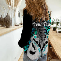 Personalised New Zealand Women Casual Shirt Te Manaia Mangopare Maori And Fern Turquoise Style - Wonder Print Shop