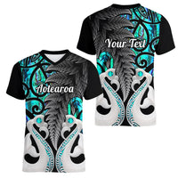 Personalised New Zealand Women V Neck T Shirt Te Manaia Mangopare Maori And Fern Turquoise Style - Wonder Print Shop