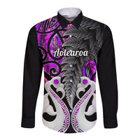 Personalised New Zealand Long Sleeve Button Shirt Te Manaia Mangopare Maori And Fern Purple Style - Wonder Print Shop