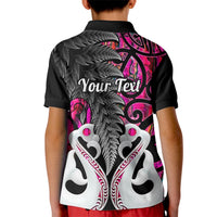 Kids' black polo shirt back with pink fern, fish graphic and 'Your Text'
