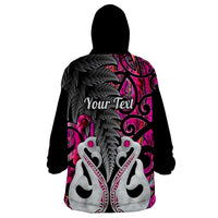 Personalised New Zealand Wearable Blanket Hoodie Te Manaia Mangopare Maori And Fern Pink Style - Wonder Print Shop