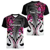 Personalised New Zealand Women V Neck T Shirt Te Manaia Mangopare Maori And Fern Pink Style - Wonder Print Shop