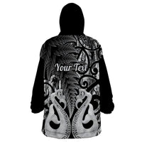 Personalised New Zealand Wearable Blanket Hoodie Te Manaia Mangopare Maori And Fern Black Style - Wonder Print Shop