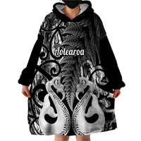 Personalised New Zealand Wearable Blanket Hoodie Te Manaia Mangopare Maori And Fern Black Style - Wonder Print Shop