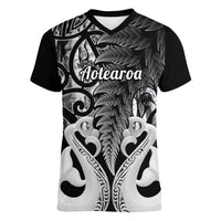 Personalised New Zealand Women V Neck T Shirt Te Manaia Mangopare Maori And Fern Black Style - Wonder Print Shop