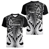 Personalised New Zealand Women V Neck T Shirt Te Manaia Mangopare Maori And Fern Black Style - Wonder Print Shop