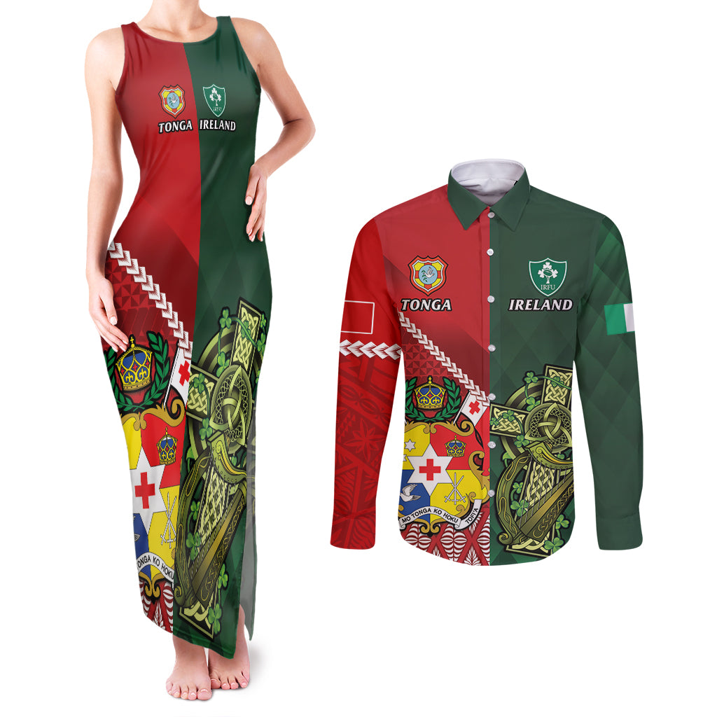Custom Samoa And Ireland Rugby Couples Matching Tank Maxi Dress and Long Sleeve Button Shirt Ikale Tahi With Shamrocks