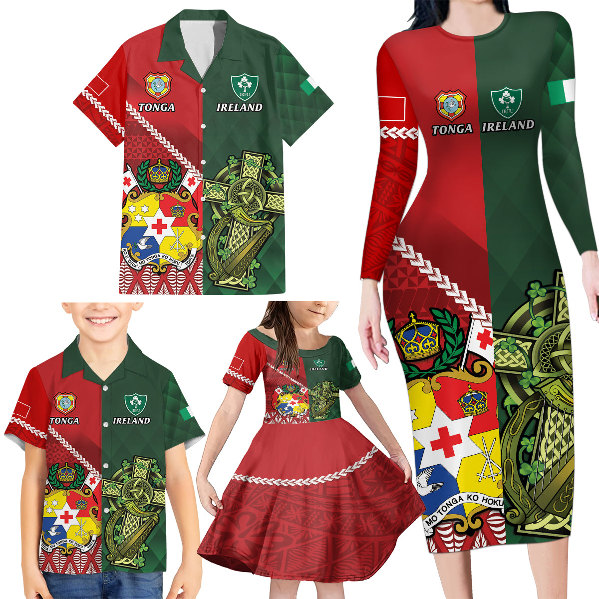 Custom Samoa And Ireland Rugby Family Matching Long Sleeve Bodycon Dress and Hawaiian Shirt Ikale Tahi With Shamrocks