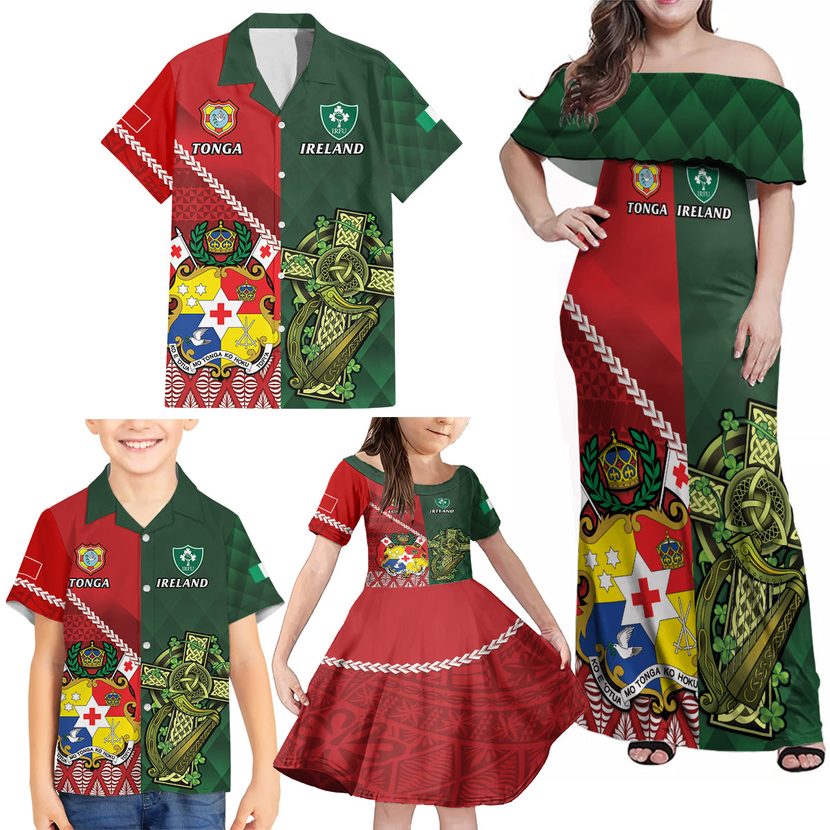 Custom Samoa And Ireland Rugby Family Matching Off Shoulder Maxi Dress and Hawaiian Shirt Ikale Tahi With Shamrocks