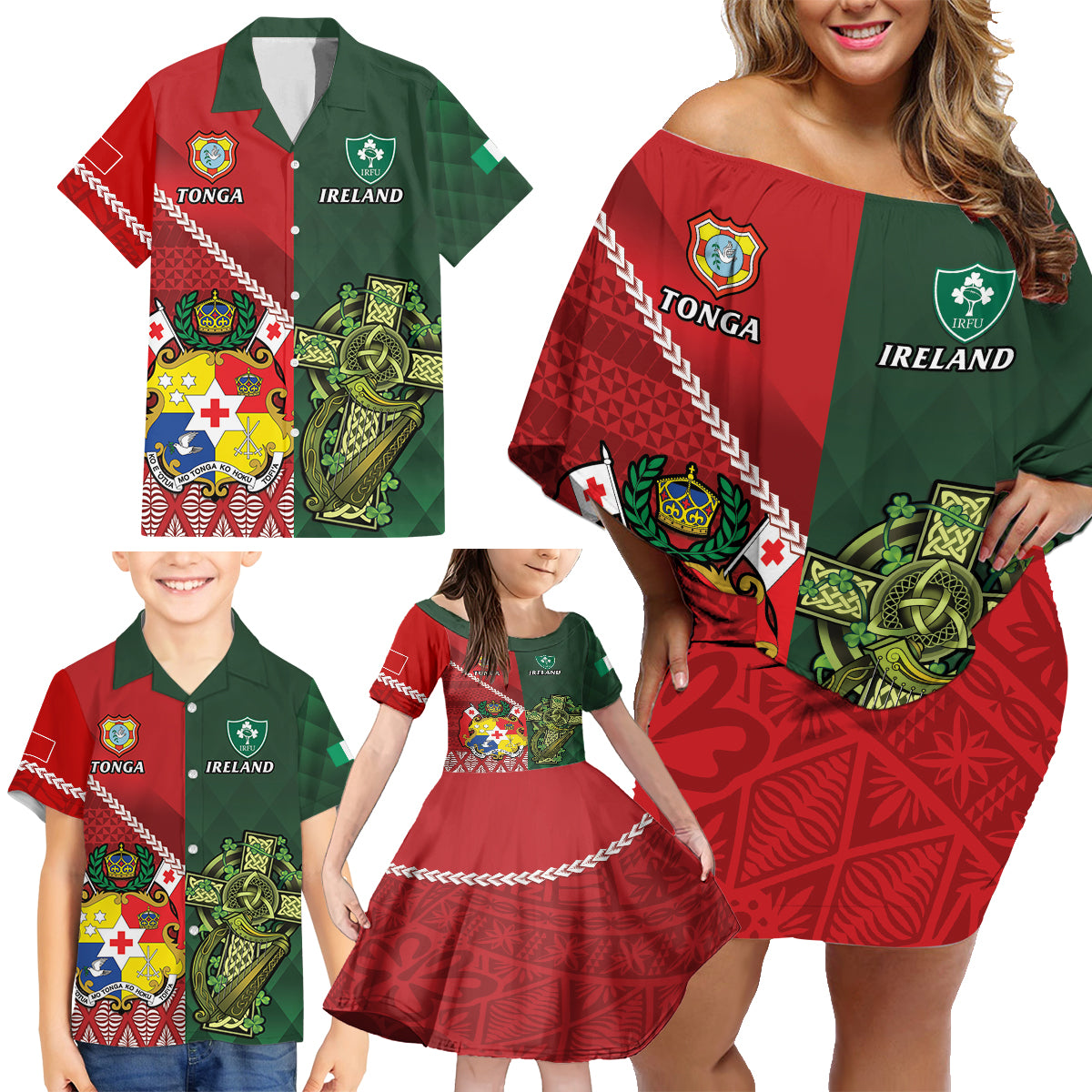 Custom Samoa And Ireland Rugby Family Matching Off Shoulder Short Dress and Hawaiian Shirt Ikale Tahi With Shamrocks
