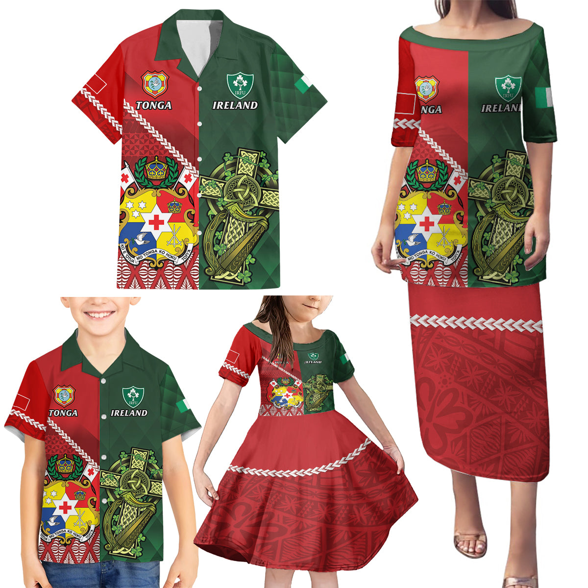 Custom Samoa And Ireland Rugby Family Matching Puletasi and Hawaiian Shirt Ikale Tahi With Shamrocks