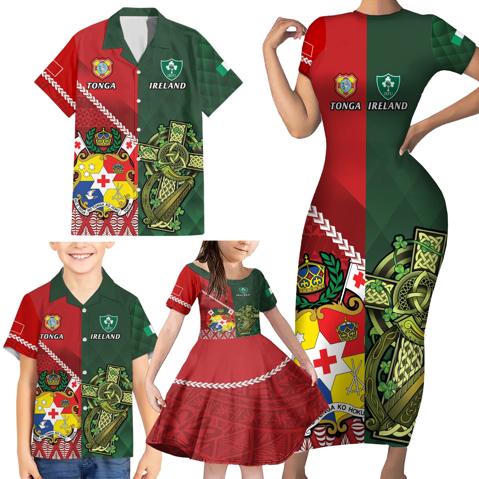 Custom Samoa And Ireland Rugby Family Matching Short Sleeve Bodycon Dress and Hawaiian Shirt Ikale Tahi With Shamrocks
