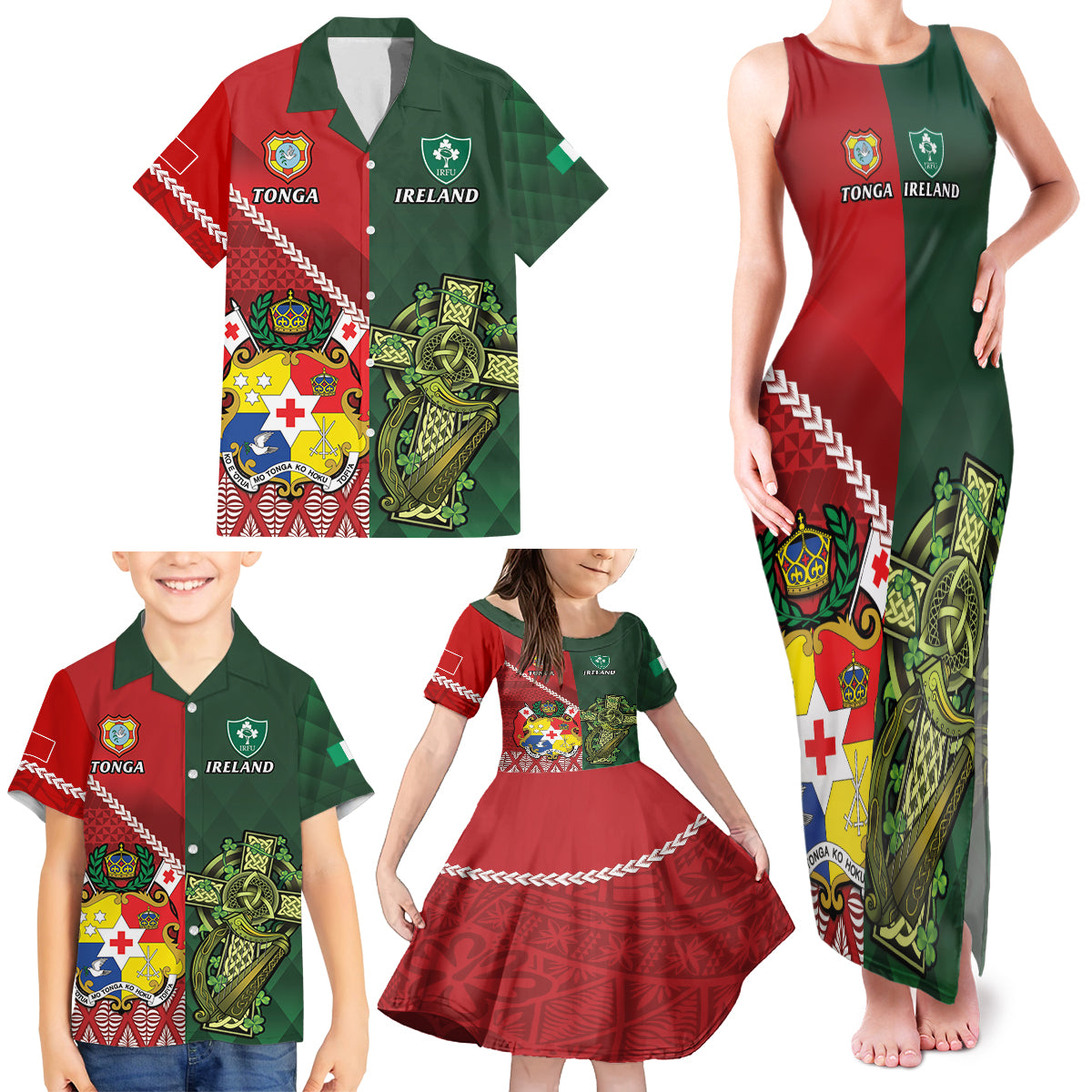 Custom Samoa And Ireland Rugby Family Matching Tank Maxi Dress and Hawaiian Shirt Ikale Tahi With Shamrocks