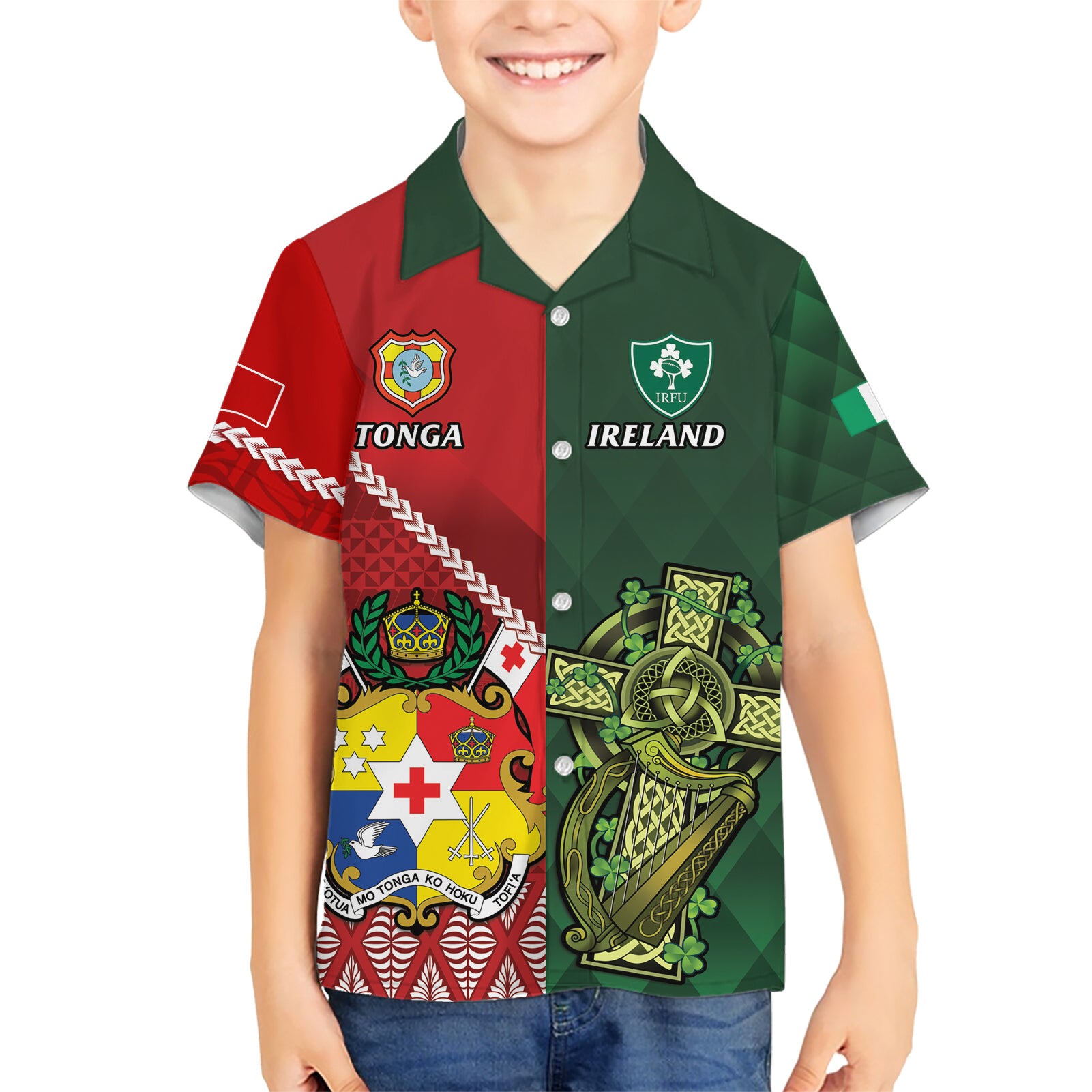 Custom Samoa And Ireland Rugby Kid Hawaiian Shirt Ikale Tahi With Shamrocks