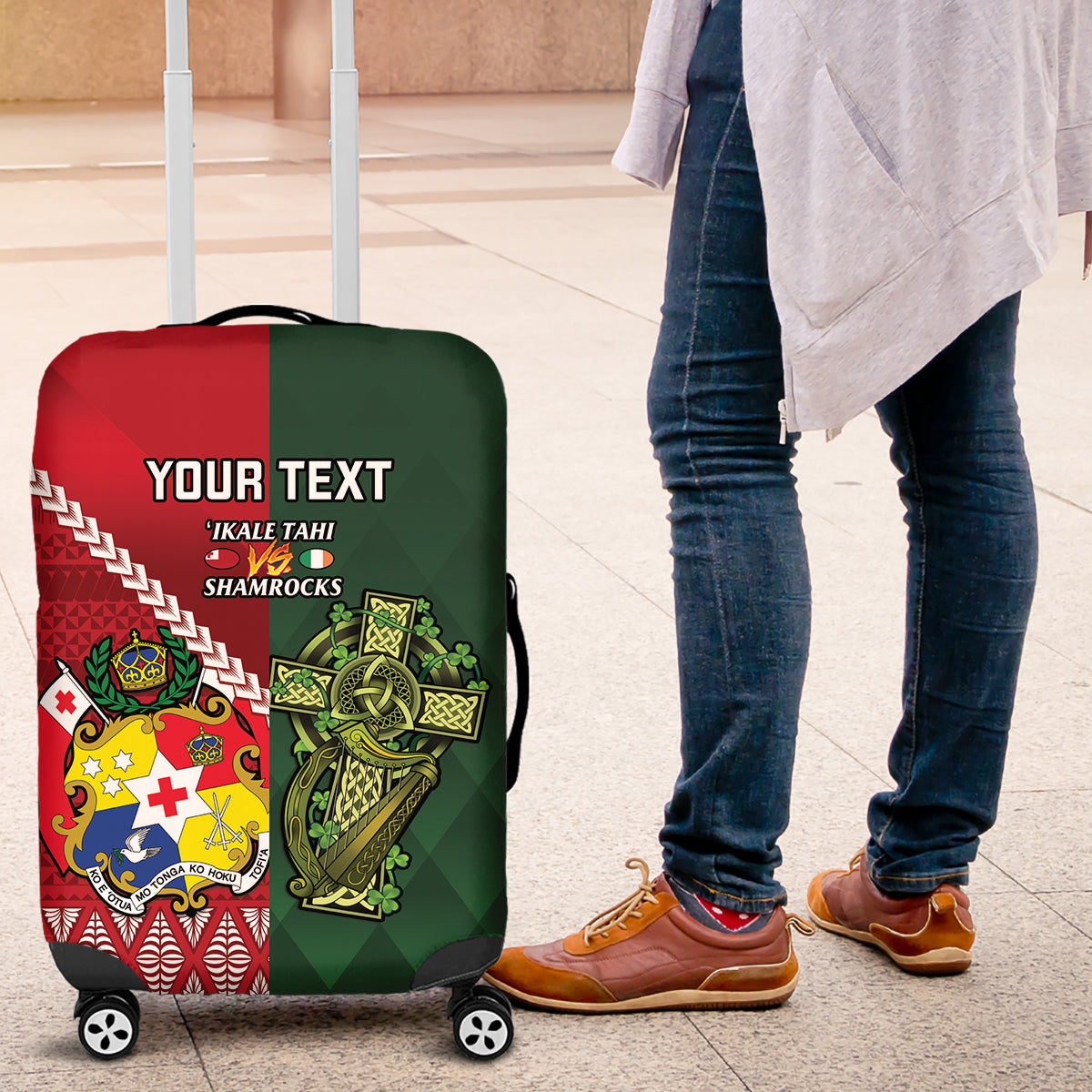 Custom Samoa And Ireland Rugby Luggage Cover Ikale Tahi With Shamrocks