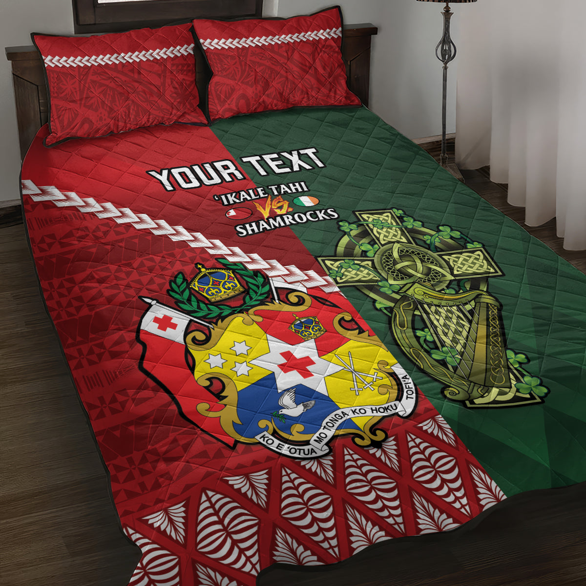 Custom Samoa And Ireland Rugby Quilt Bed Set Ikale Tahi With Shamrocks