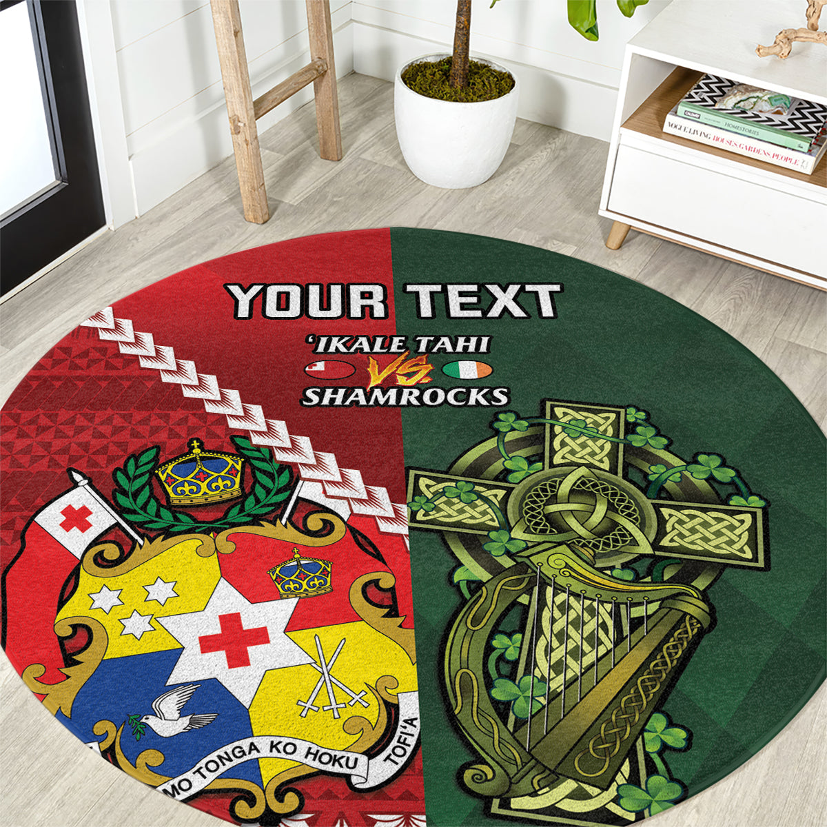 Custom Samoa And Ireland Rugby Round Carpet Ikale Tahi With Shamrocks
