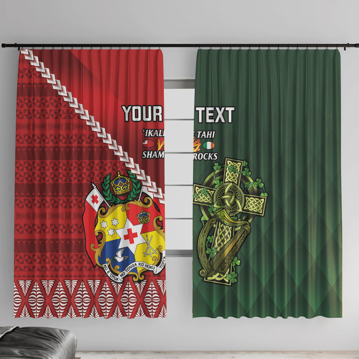 Custom Samoa And Ireland Rugby Window Curtain Ikale Tahi With Shamrocks