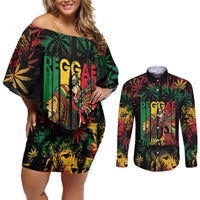 Jamaica Reggae Festival Couples Matching Off Shoulder Short Dress and Long Sleeve Button Shirt One Love Rastafari Culture - Wonder Print Shop