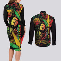 King Of Reggae Legend Bob Couples Matching Long Sleeve Bodycon Dress and Long Sleeve Button Shirt Rasta Cannabis - Wonder Print Shop