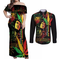 King Of Reggae Legend Bob Couples Matching Off Shoulder Maxi Dress and Long Sleeve Button Shirt Rasta Cannabis - Wonder Print Shop
