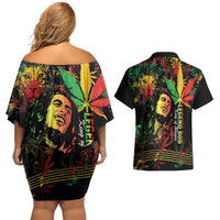 King Of Reggae Legend Bob Couples Matching Off Shoulder Short Dress and Hawaiian Shirt Rasta Cannabis - Wonder Print Shop