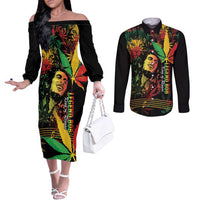 King Of Reggae Legend Bob Couples Matching Off The Shoulder Long Sleeve Dress and Long Sleeve Button Shirt Rasta Cannabis - Wonder Print Shop