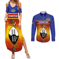 Blue patterned off-shoulder maxi dress and matching long-sleeve button shirt, ESWATINI shield