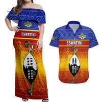 Personalised Eswatini Independence Day Couples Matching Off Shoulder Maxi Dress and Hawaiian Shirt Swaziland Nguni Shield Gradient African Pattern - Wonder Print Shop