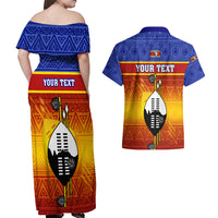 Personalised Eswatini Independence Day Couples Matching Off Shoulder Maxi Dress and Hawaiian Shirt Swaziland Nguni Shield Gradient African Pattern - Wonder Print Shop