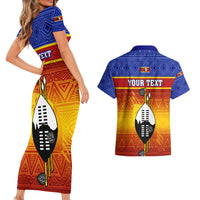 Personalised Eswatini Independence Day Couples Matching Short Sleeve Bodycon Dress and Hawaiian Shirt Swaziland Nguni Shield Gradient African Pattern - Wonder Print Shop