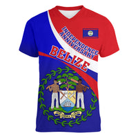 Belize Independence Day Women V Neck T Shirt Coat Of Arms Curve Style - Wonder Print Shop