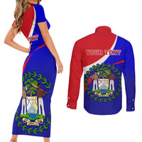 Personalised Belize Independence Day Couples Matching Short Sleeve Bodycon Dress and Long Sleeve Button Shirts Coat Of Arms Curve Style - Wonder Print Shop