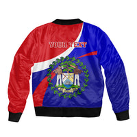 Personalised Belize Independence Day Sleeve Zip Bomber Jacket Coat Of Arms Curve Style - Wonder Print Shop