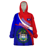 Personalised Belize Independence Day Wearable Blanket Hoodie Coat Of Arms Curve Style - Wonder Print Shop