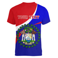 Personalised Belize Independence Day Women V Neck T Shirt Coat Of Arms Curve Style - Wonder Print Shop