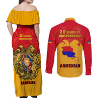 Armenia Independence Day Couples Matching Off Shoulder Maxi Dress and Long Sleeve Button Shirts Armenian Coat Of Arms 32st Anniversary - Wonder Print Shop