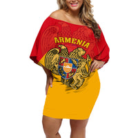 Off-shoulder short dress with red top, yellow skirt, and Armenia crest graphic