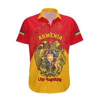 Red and yellow Hawaiian shirt with Armenia crest and winged eagles on front