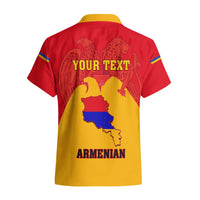 Red and yellow Hawaiian shirt back with Armenia map, YOUR TEXT, and ARMENIAN