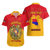 Two red and yellow Hawaiian shirts: front crest and back map with YOUR TEXT