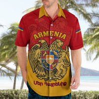 Red and yellow Hawaiian shirt with Armenia crest, winged eagles, and button front