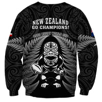 New Zealand Aotearoa Rugby Sweatshirt NZ Tiki With Maori Fern World Cup Black Version - Wonder Print Shop