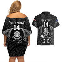 Custom New Zealand Aotearoa Rugby Couples Matching Off Shoulder Short Dress and Hawaiian Shirt NZ Tiki With Maori Fern World Cup Black Version - Wonder Print Shop