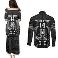Custom New Zealand Aotearoa Rugby Couples Matching Puletasi Dress and Long Sleeve Button Shirts NZ Tiki With Maori Fern World Cup Black Version - Wonder Print Shop