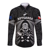 Custom New Zealand Aotearoa Rugby Long Sleeve Button Shirt NZ Tiki With Maori Fern World Cup Black Version - Wonder Print Shop