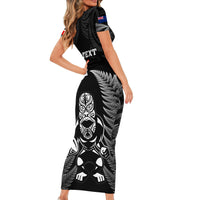 Custom New Zealand Aotearoa Rugby Short Sleeve Bodycon Dress NZ Tiki With Maori Fern World Cup Black Version - Wonder Print Shop