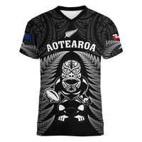 Custom New Zealand Aotearoa Rugby Women V Neck T Shirt NZ Tiki With Maori Fern World Cup Black Version - Wonder Print Shop